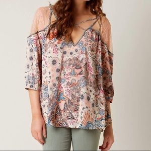 Gimmicks pink printed lace style cut out top
